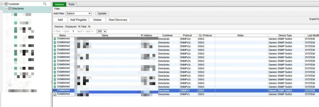 Inventario de switches gestionados por SNMP/SSH (datos ocultos)